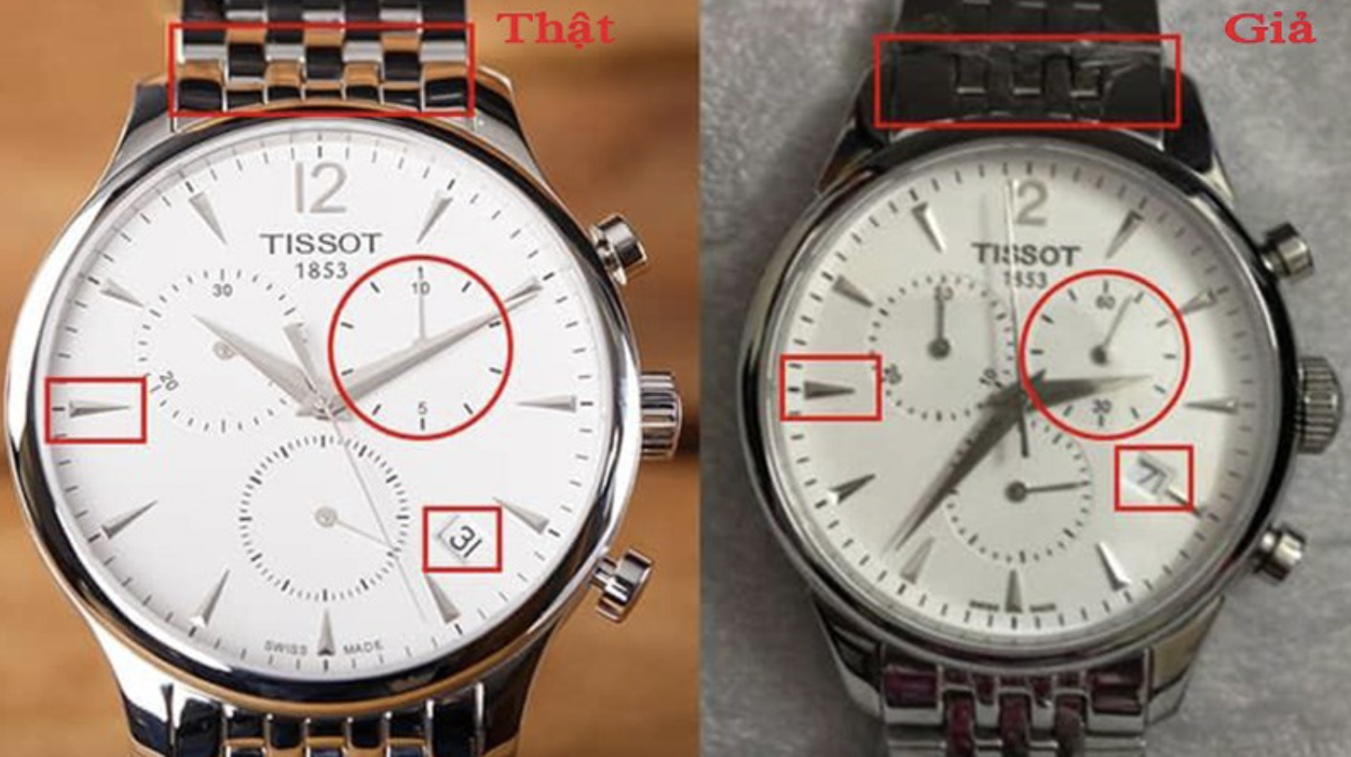 Hướng dẫn cách tự phân biệt, thẩm định thật giả đồng hồ Tissot 8 So sanh kim va lich Tissot